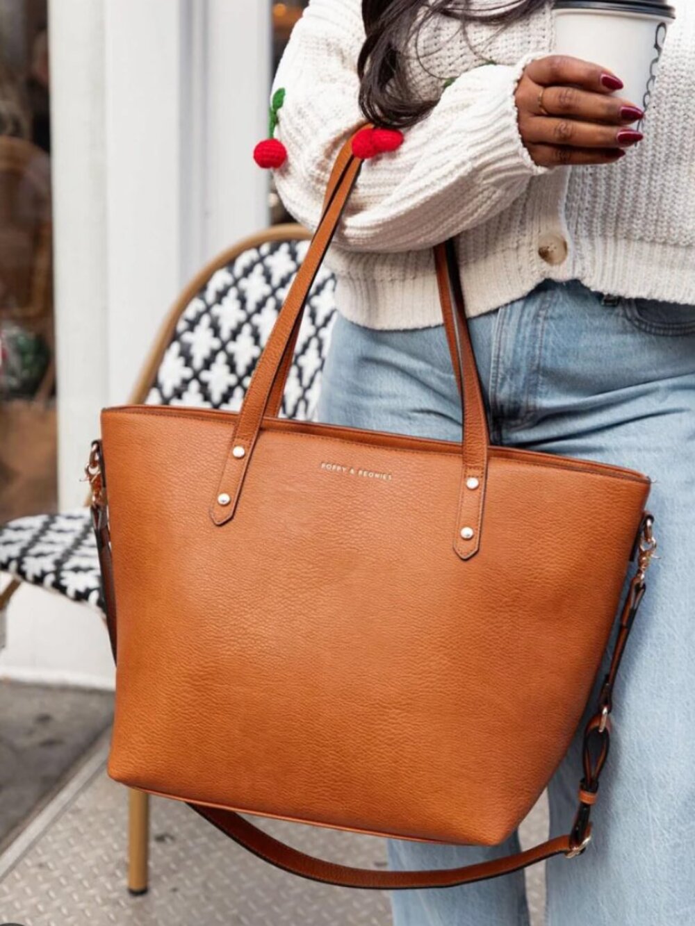 Poppy & Peonies Cognac Pebble Vegan Leather Tote